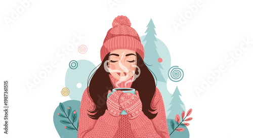 Young woman in warm knit hat and mittens enjoys a steaming cup of coffee in a snowy winter forest landscape with soft colors.