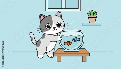 Cute cat looking at fish in a bowl.