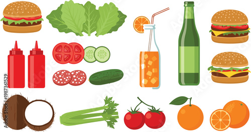 Fast food and fresh ingredients vector set with burgers vegetables fruits sauces juice bottle and healthy organic elements flat illustration collection isolated design