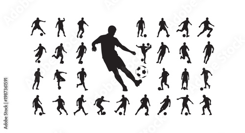 Soccer player silhouettes collection set with football action poses vector illustration athletes playing game with ball.