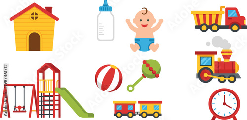 Playful Kids Toys and Activities Collection, Including Playground, Baby Bottle, Train, Swing, Ball, and Rattle