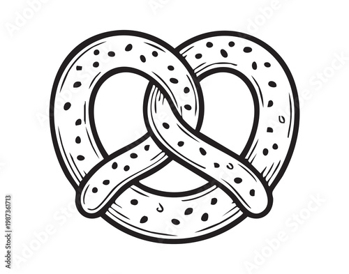Pretzel with salt. Twisted baked snack with salt. Drawing of knotshaped pretzel topped with salt grains. Illustration of twisted baked pretzel sprinkled generously with coarse salt on top