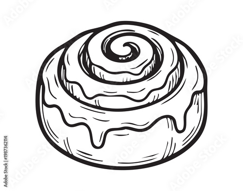 Single cinnamon bun pastry sketch, handdrawn ink illustration with bold swirl and dripping icing, minimal shadow, isolated white background perfect for bakery logo, menu icon, packaging mockup, social