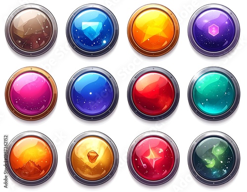 Twelve circular, metallic-framed gems with varied internal elements, from starry constellations to fiery crystals, reflecting vibrant colors and textures