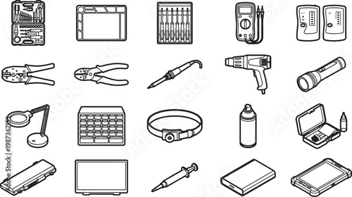 A meticulously crafted monochromatic illustration of essential tools, showcasing precision and functionality. 