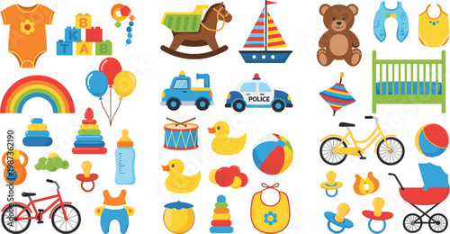 Colorful Baby and Toddler Toy Collection Featuring Bikes, Blocks, Rattles, Police Car, Boat, Teddy Bear, and More