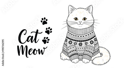 Charming illustration of fluffy white cat wearing cozy patterned winter sweater with text Cat Meow and paw prints.