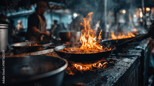 Experience the vibrant flavors and fiery spectacle of street food cooking at a bustling outdoor market, a culinary highlight reminiscent of the lively Festival delle Sagre