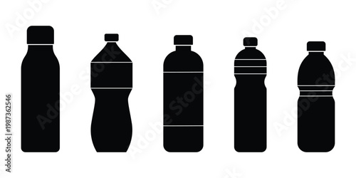  bottles set of silhouettes. Water bottle icon. A bottle of water vector illustration . Set of Plastic Bottle Silhouettes. Small and large bottles for water.  Plastic bottle black icon set. 
