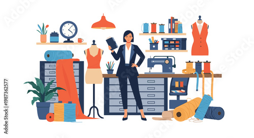 Fashion designer standing in a professional sewing studio surrounded by fabric rolls, mannequins, and industrial equipment.