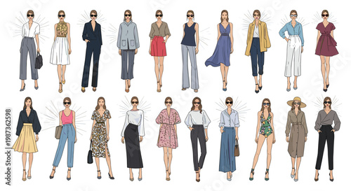 Collection of fashionably dressed women showcasing various styles of modern clothing including dresses, pants, and accessories.