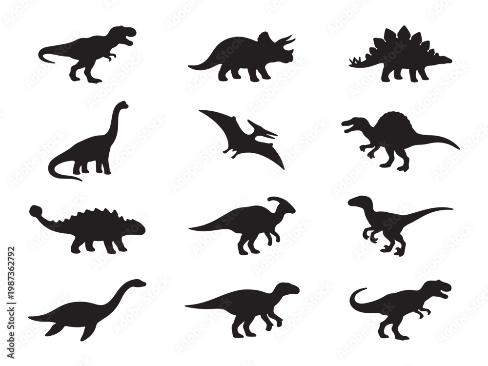 Obraz premium Flat Solid Black Silhouette Icon Set of 12 Dinosaurs Illustration on Pure White Background