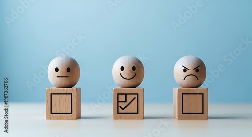Wooden emoticon faces on blocks represent different emotions and opinions in a survey or feedback context.