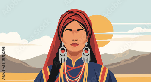 Portrait of a woman wearing traditional ethnic clothing and elaborate jewelry with a desert mountain landscape in the background.