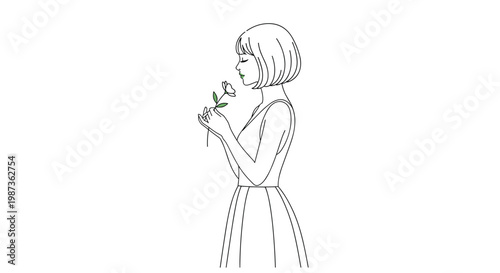 Minimalist line art drawing of a beautiful woman in a dress holding and smelling a single flower on a plain white background.