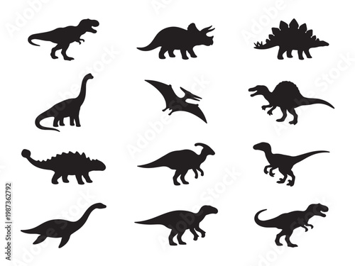 Flat Solid Black Silhouette Icon Set of 12 Dinosaurs Illustration on Pure White Background