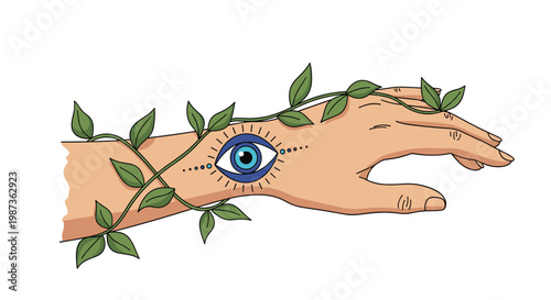 Human hand and forearm decorated with an eye symbol and green climbing vines wrapping around the skin in an artistic style.