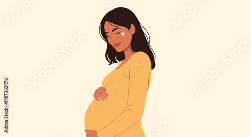 Profile portrait of a happy pregnant woman wearing a yellow dress and gently holding her belly with both of her hands.