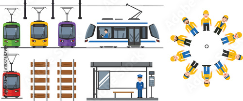 Public transport and construction vector set with tram railway station tracks workers teamwork circle and urban infrastructure flat illustration collection isolated design elements