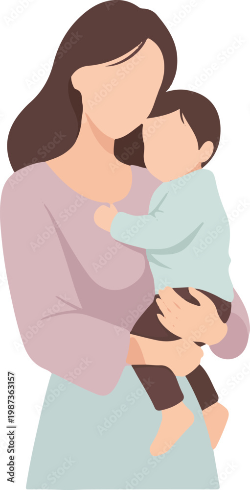 Fototapeta premium Minimal vector illustration of a mother holding a child in her arms, no facial features, soft curves, white background, modern flat style