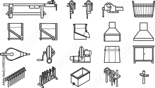 A collection of woodworking equipment, illustrating various tools and machinery used in the craft.