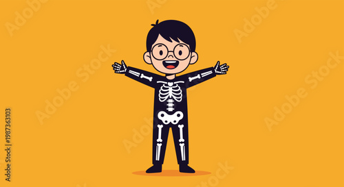 Happy young boy wearing a black and white skeleton costume for Halloween standing on an orange background with arms open.