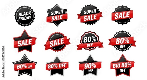 collection of red and black sale discount badges for black friday and super sale promotions