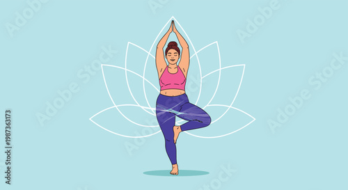 Plus size woman practicing yoga in a tree pose with her hands joined above her head against a lotus flower outline.