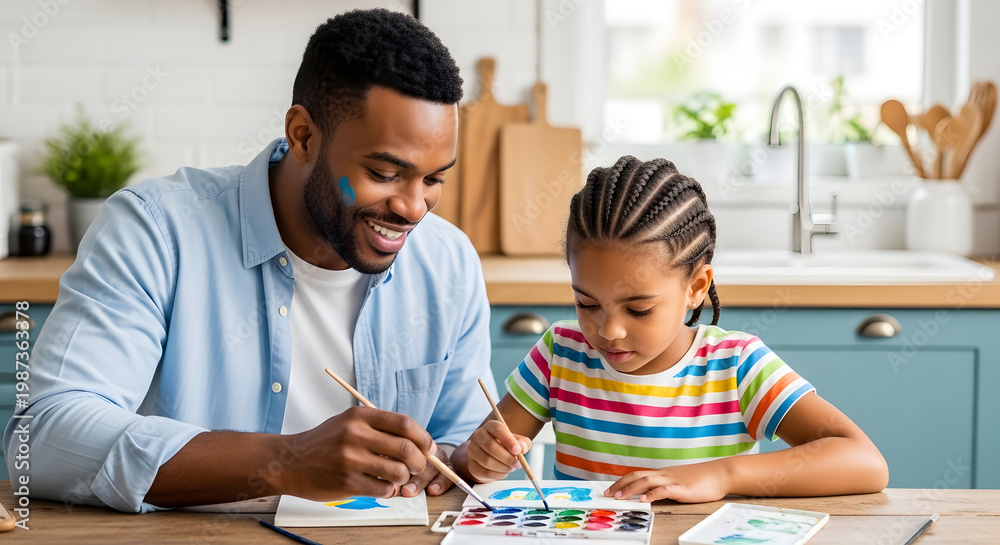 Naklejka premium A man and a young girl painting together at a kitchen table with colorful art supplies