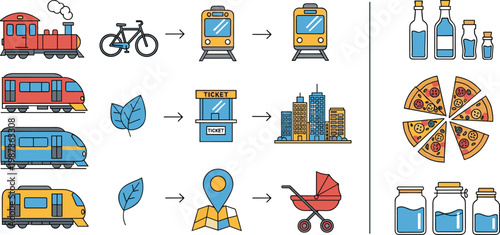 Transportation and lifestyle vector icon set with trains bicycle ticket city map baby stroller pizza bottles and jars flat illustration collection isolated design