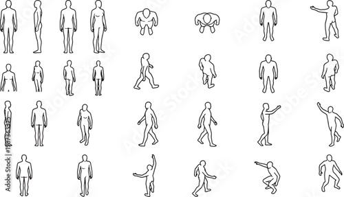 Minimalistic outlined human figures are presented in an array of postures, ideal for architectural and design visualizations. They show a diverse range of positions and viewpoints.
