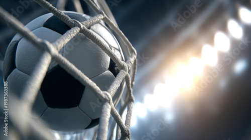 A soccer ball nestled in a goal net with bright stadium lights shining through