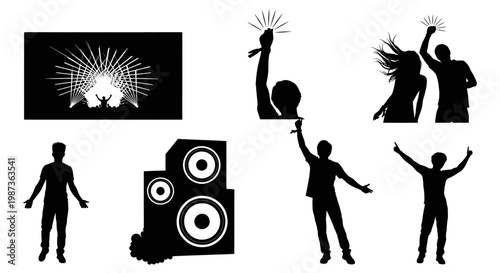 Black silhouettes of people dancing and having fun at a party with speaker and screen