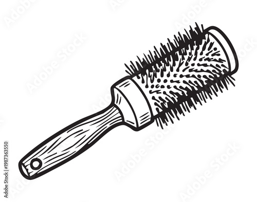 Round hairbrush for salon blowout styling, detailed sketch of bristled barrel and ergonomic handle, perfect for creating volume, lift, smooth finish and professional haircare routines in beauty studio