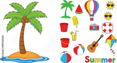 Colorful Summer Season Icon Set with Palm Tree, Watermelon, Hot Air Balloon, Ice Cream, Beach Ball, Guitar, and Kite Vector Illustration