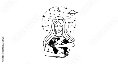 Woman embracing the Earth with celestial elements.