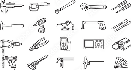 A comprehensive selection of tools essential for various technical and mechanical applications. The image showcases a meticulous arrangement of instruments, each designed for a specific task.