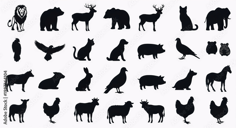 Obraz premium Farm Animals Black Silhouette Icon S