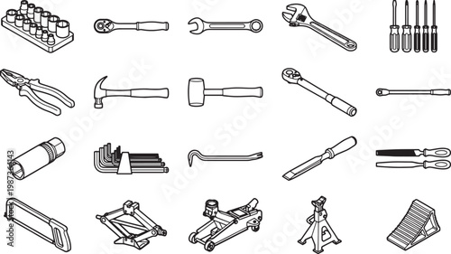 A set of various tools, meticulously arranged and presented in a clean, graphic style, perfect for illustrating the essence of craftsmanship and mechanical work.