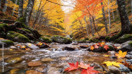 Golden Season Flow: Serene Riverbed with Scattered Colorful Leaves
