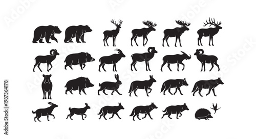 Wild animals silhouettes set of domestic farm and wild woodland creatures bear deer boar wolf rabbit hedgehog illustration.