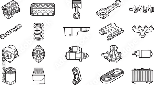 Detailed diagram of diverse engine components, isolated against a simple background. Perfect for educational, instructional, or mechanical projects.