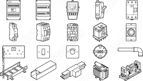 Illustrative display of various electrical components with precision line art, offering a comprehensive overview of essential elements in electrical systems. 