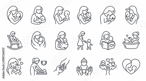 Collection of vector line art icons representing mother and child care, family love, and nurturing moments
