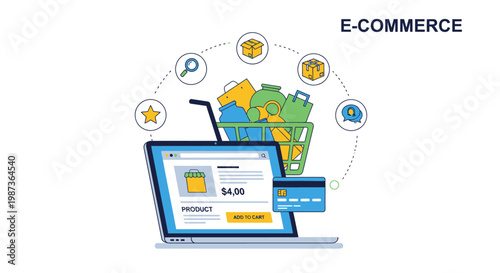 E-commerce, online shopping, business icons, vector graphics, digital commerce, shopping cart, laptop, payment