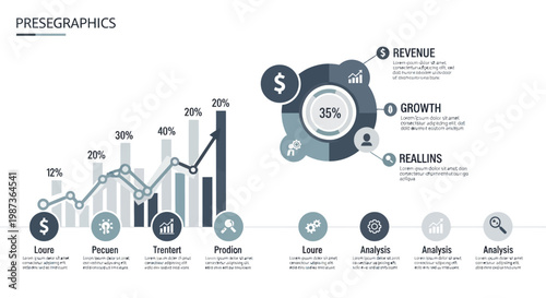 Business infographic, financial charts, graphs, and icons, revenue growth, statistics, data visualization