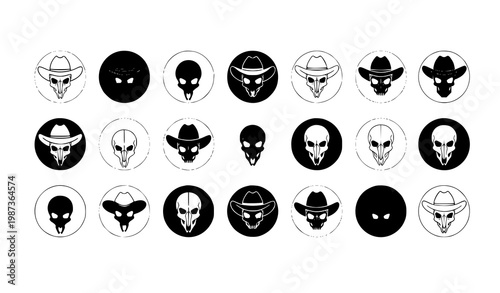 Cowboy skull silhouettes in circular frames vector set with western gothic icon design