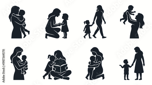 Collection of mother and child silhouettes celebrating family bonds and parenting moments