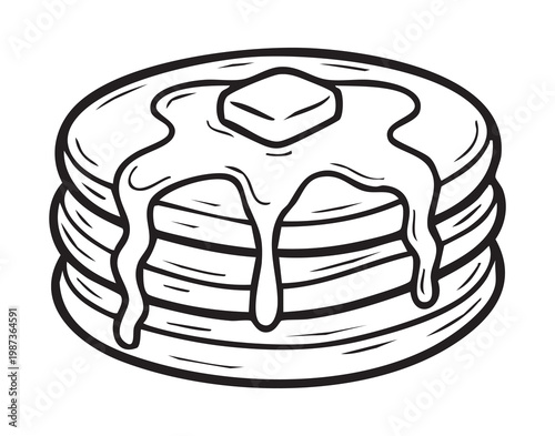 Stack of pancakes with syrup, melting butter on top, handdrawn black outline icon, monochrome breakfast illustration evoking cozy homemade brunch mood, ideal for menu, packaging, sticker, recipe