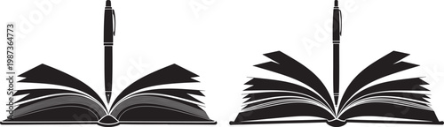 Two open books with pens standing upright knowledge base black and white open book knowledge education literature information learning notebook storytelling calligraphy document
